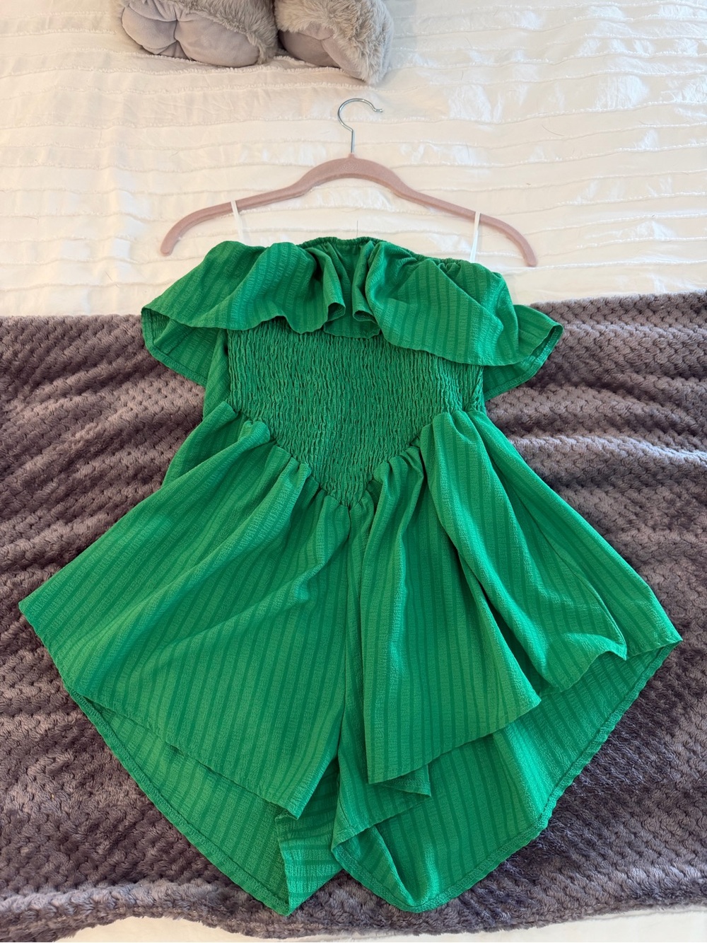 Green Off-Shoulder Romper with Ruffle